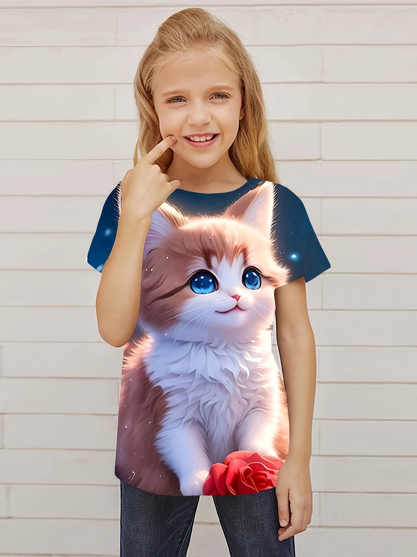 Sweet Cat Graphic Short Sleeve T shirt for Girls Summer Gift
