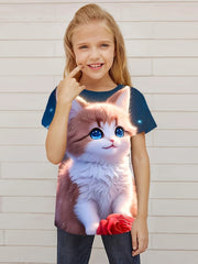 Sweet Cat Graphic Short Sleeve T shirt for Girls Summer Gift