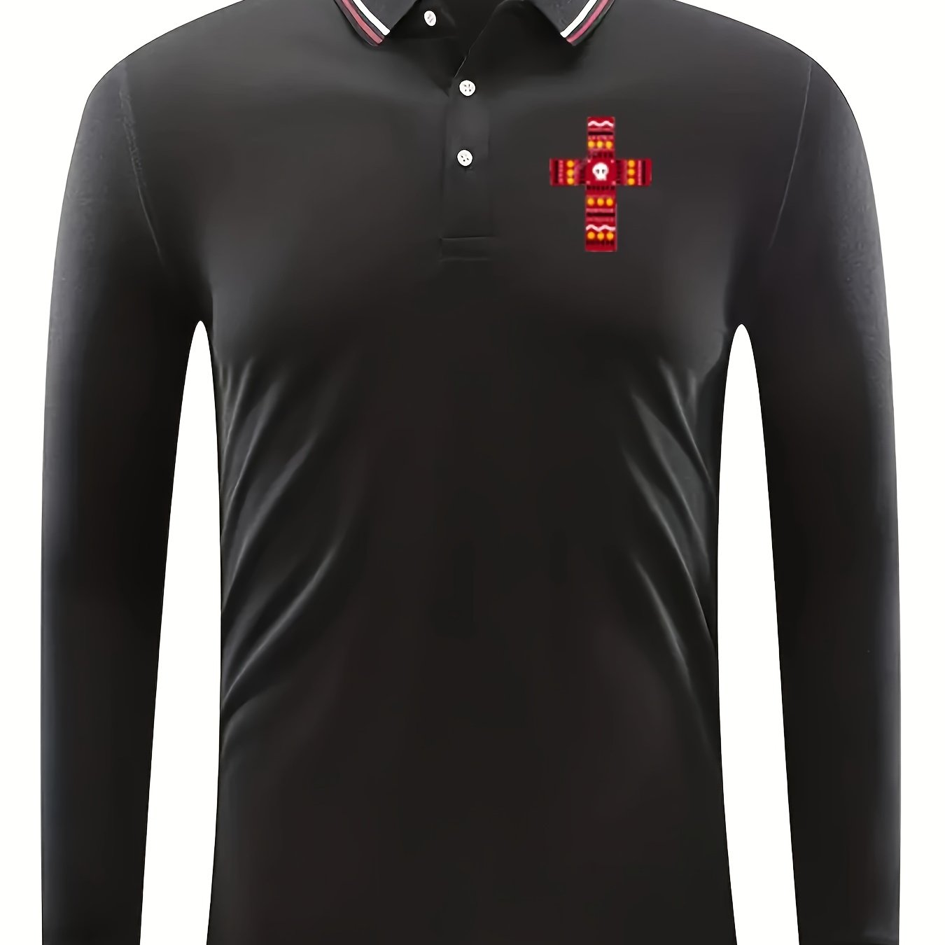 Cross Pattern Men's Casual Comfy Long Sleeve Polo Shirt