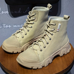 Women's Platform Combat Boots Lace Up Canvas Short Boots