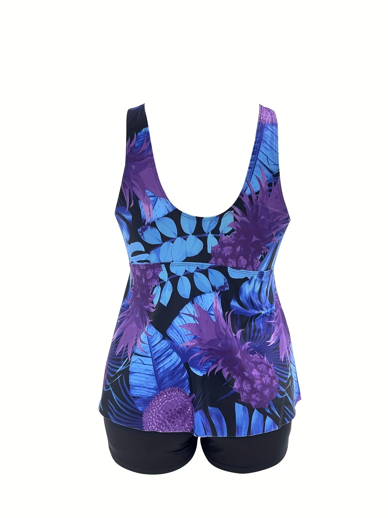 Women's Plus Tropical Tankini Set Lace Up V Neck Top & Shorts Swimsuit