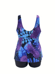 Women's Plus Tropical Tankini Set Lace Up V Neck Top & Shorts Swimsuit