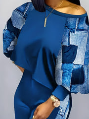 Patchwork Casual Two piece Set Crew Neck Long Sleeve Tops & Long Length Pants