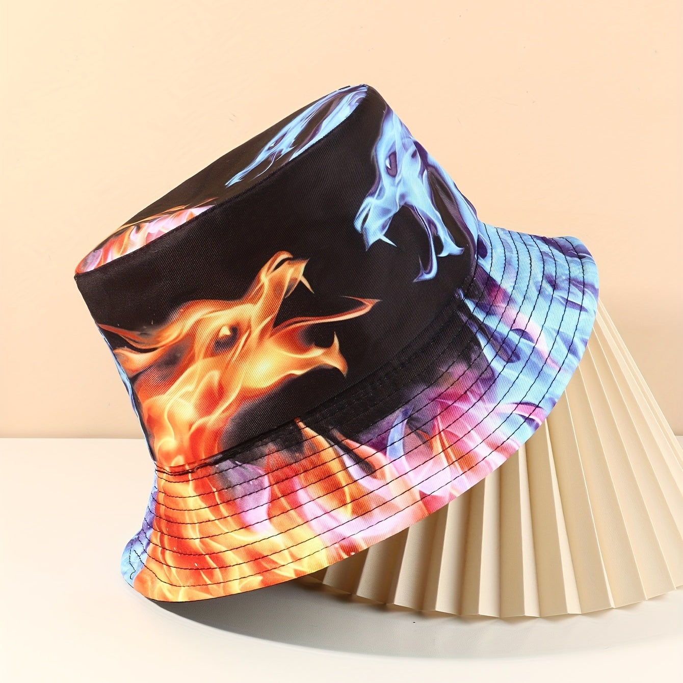 Ice Fire Dragon Bucket Hat Hip Hop Block Printed Unisex Basin Hat Reversible