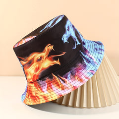 Ice Fire Dragon Bucket Hat Hip Hop Block Printed Unisex Basin Hat Reversible