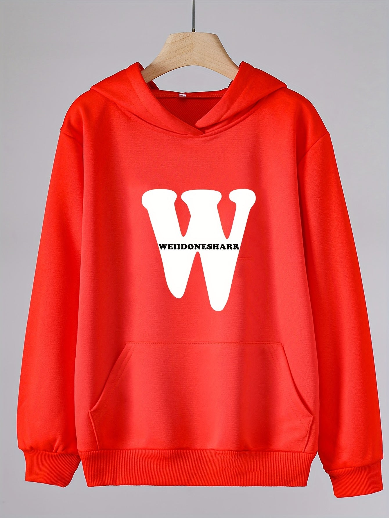 Girls W Letter Print Hoodies Comfy Hooded Pullover With Pocket