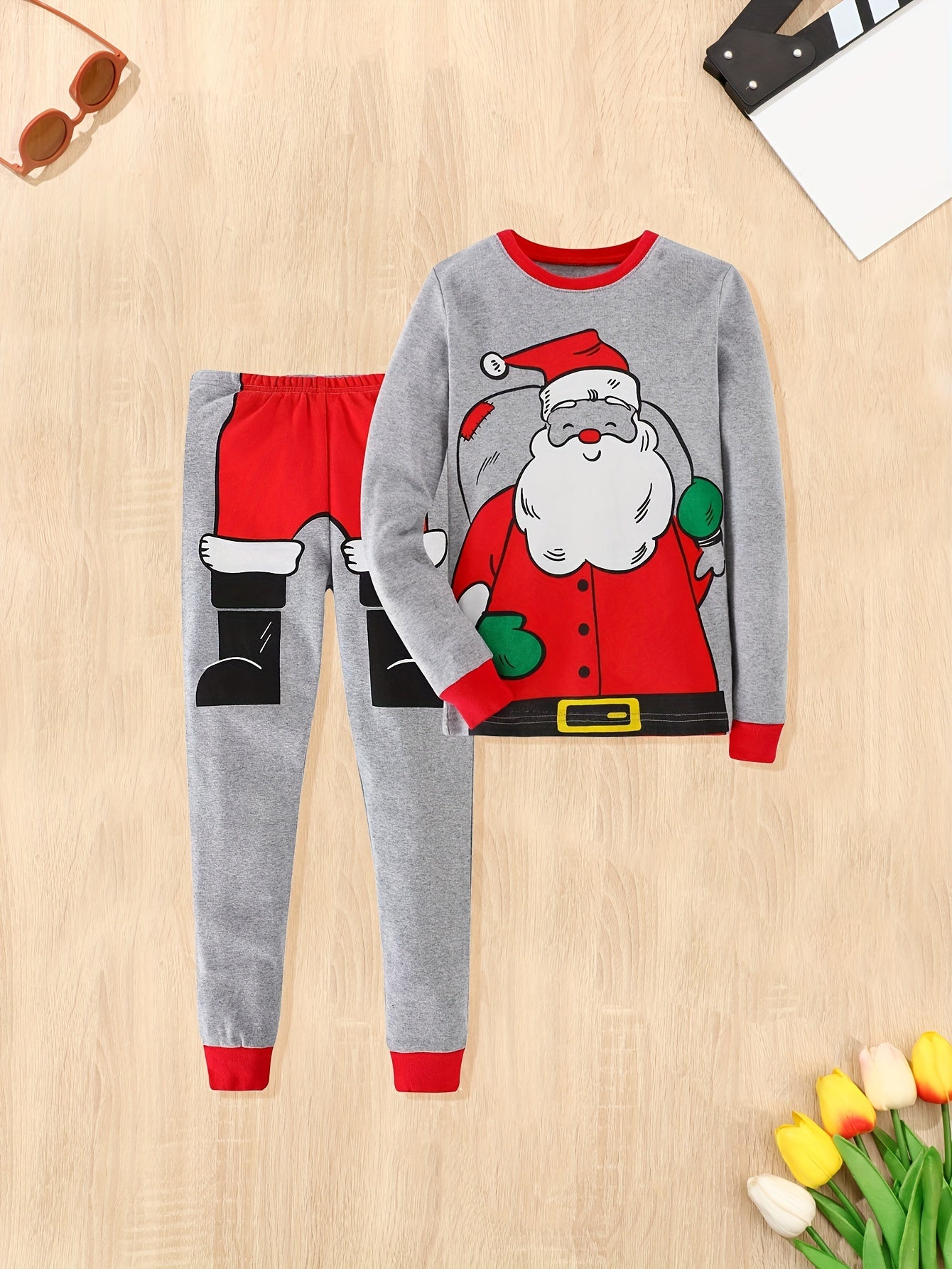 2pc Boys Santa Claus Print Long Sleeve Sweatshirt & Sweatpants Set