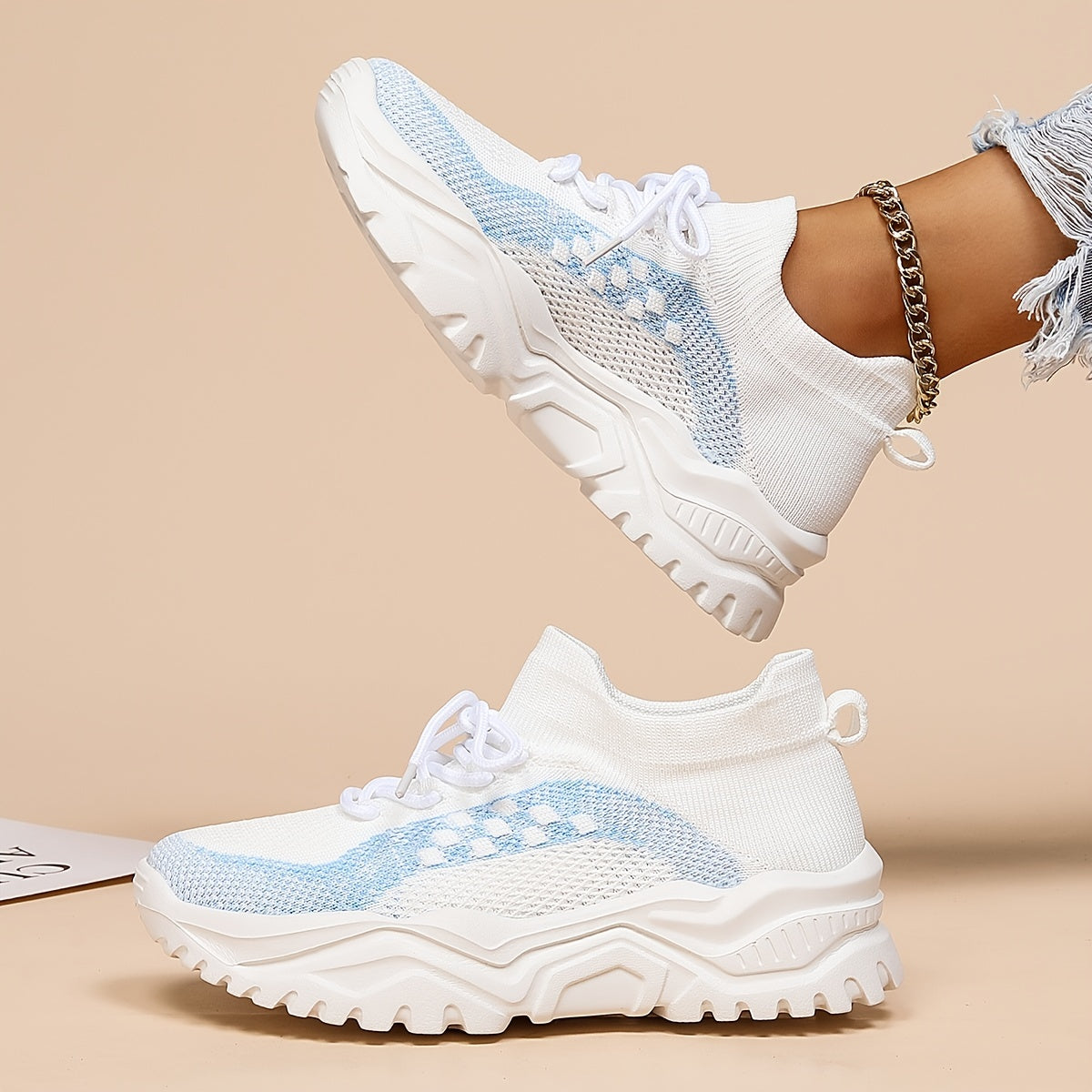 Women's Platform Sock Sneakers Lace Up Knitted Low Top Running Shoes