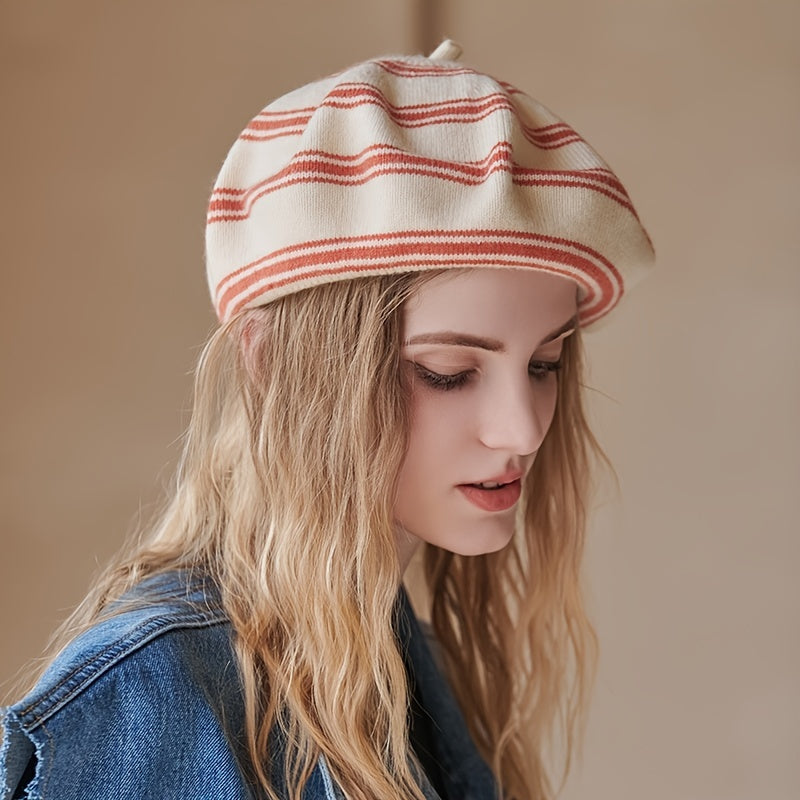 Striped Beret Women's Knitted Thermal Beret Vintage Hats For Weddings