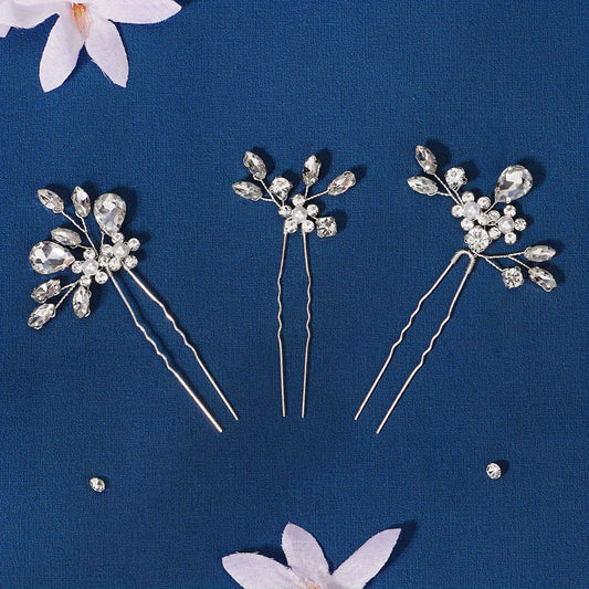 3pcs Wedding Dress Rhinestone Head Jewelry U Shaped Hairpin
