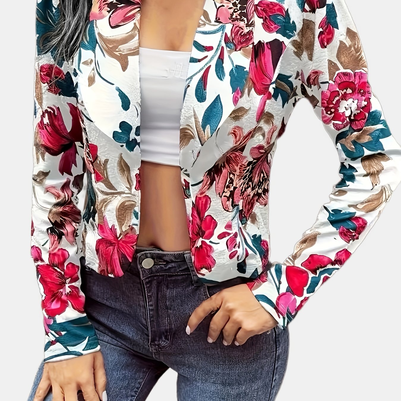 Floral Print Open Front Jacket for Spring & Fall