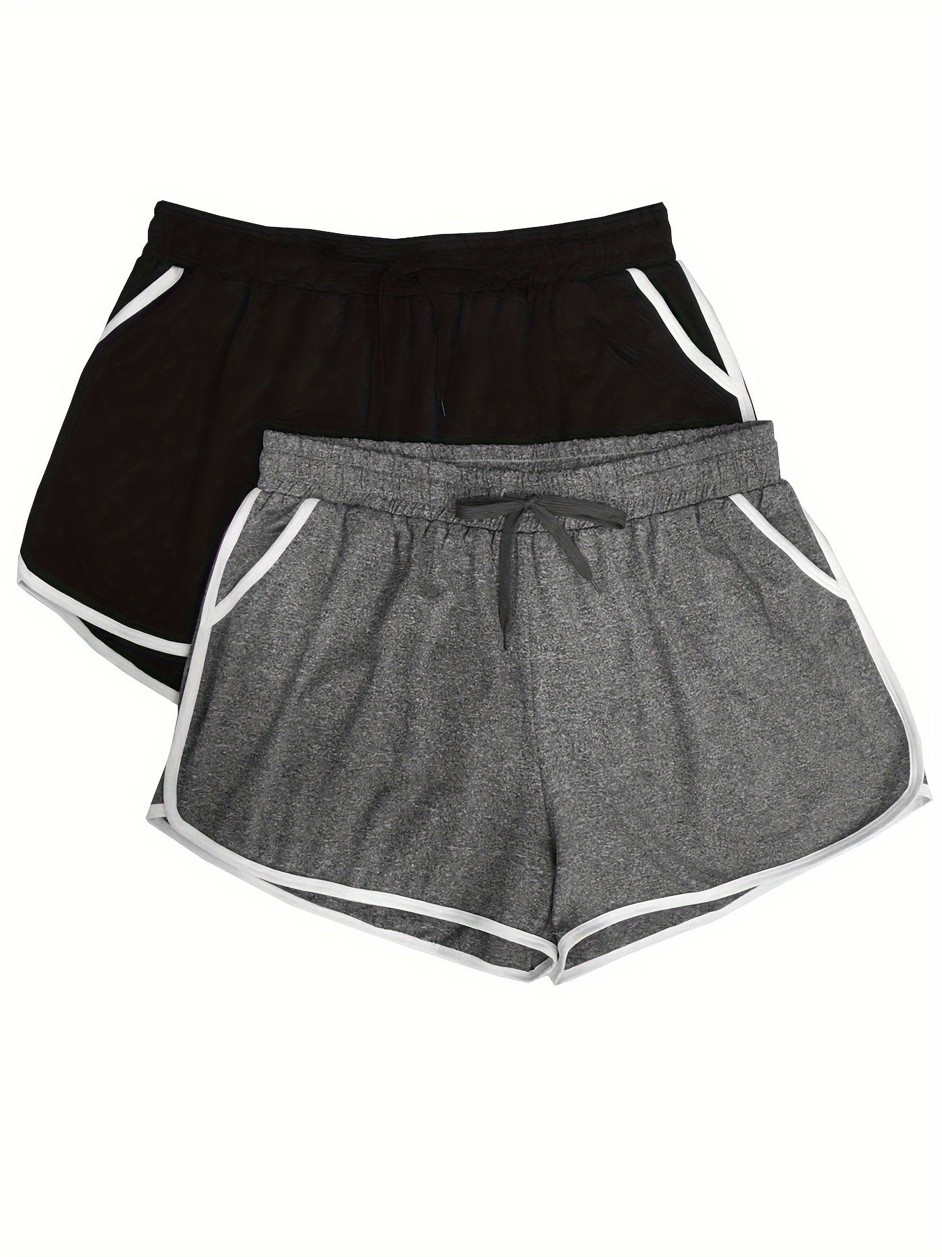 2 Pack Plus Size Sports Shorts Set Women's Plus Contrast Binding Tie Waist