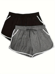 2 Pack Plus Size Sports Shorts Set Women's Plus Contrast Binding Tie Waist