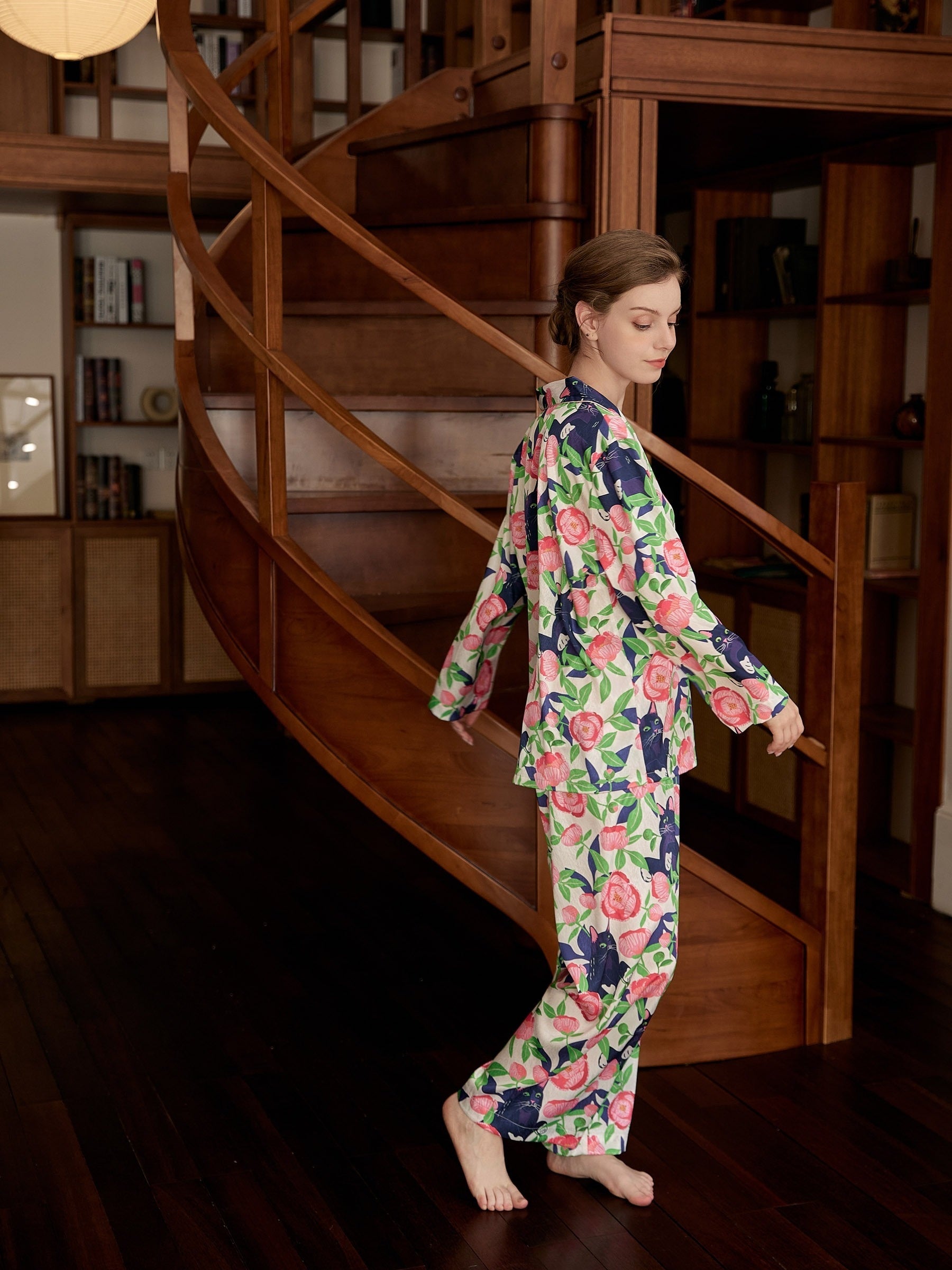 Floral & Cat Print Pajama Set Long Sleeve Top & Pants Women's Sleepwear