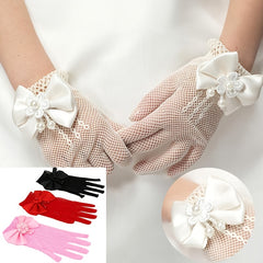 Girls Mesh Bow Lace Faux Pearl Gloves Party Supplies