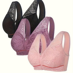 3pcs Wireless Push Up Bra Zipper Front Comfy Lace Contrast Bras