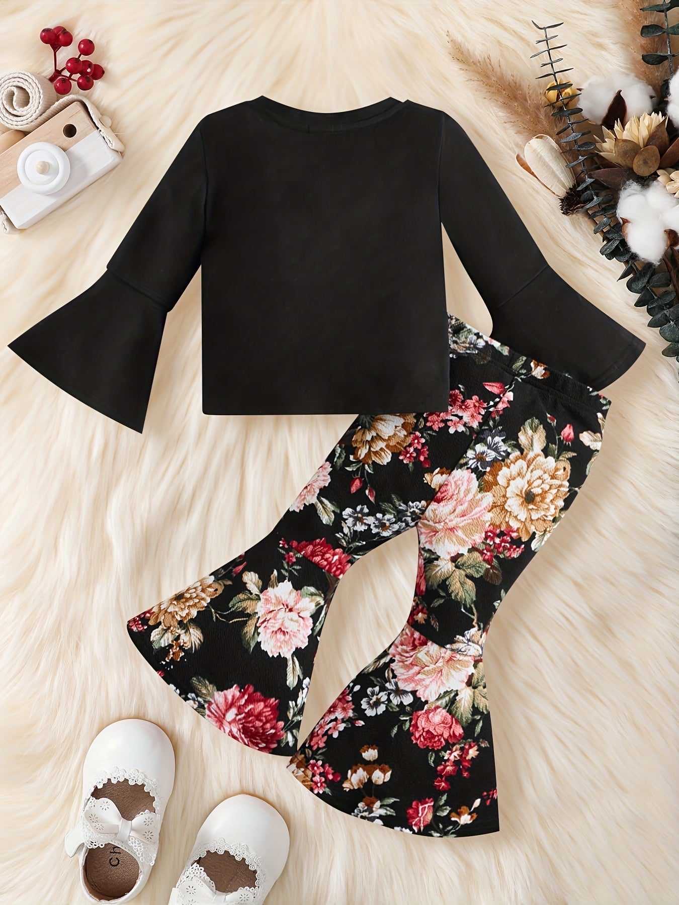 2pcs Baby Girls Floral Print Top & Trousers Set for Autumn Winter