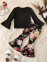 2pcs Baby Girls Floral Print Top & Trousers Set for Autumn Winter