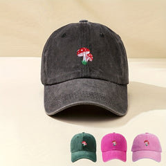 Mushroom Embroidery Baseball Cap Unisex Washed Distressed Dad Hats