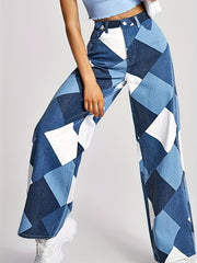 Colorblock Geometric Pattern Straight Jeans Women's Denim Pants