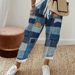 Denim Patchwork Print Straight Leg Pants Casual Drawstring Pocket Pants