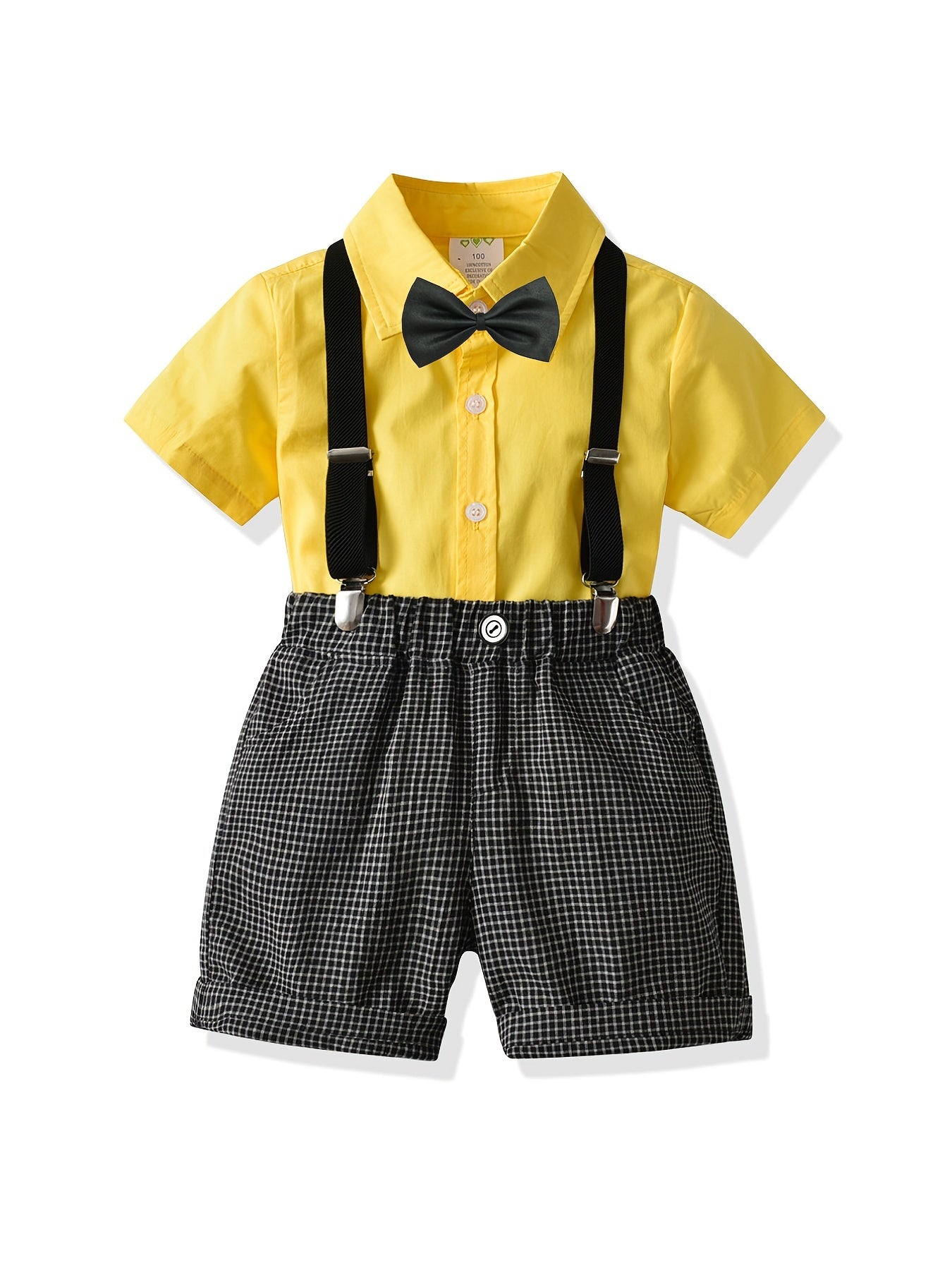 Boys Gentleman Outfit Short Sleeve Bowtie Shirt & Suspender Plaid Shorts Set