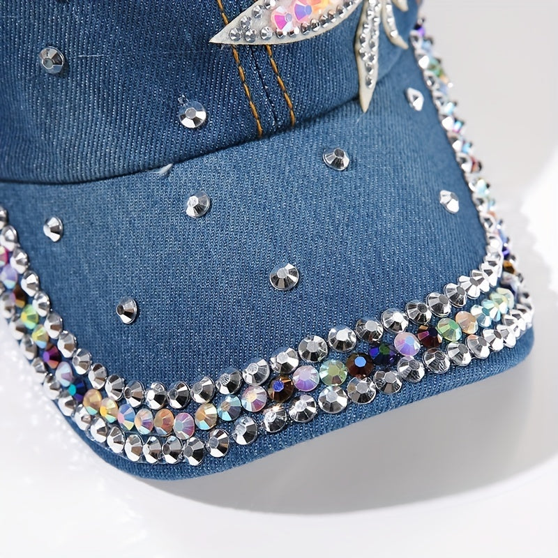 Rhinestone Leaf Patch Baseball Cap Denim Washed Sun Hats
