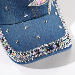 Rhinestone Leaf Patch Baseball Cap Denim Washed Sun Hats