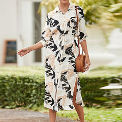 Leaf Print Tie Belt Shirt Dress Side Split Beach Cover Up