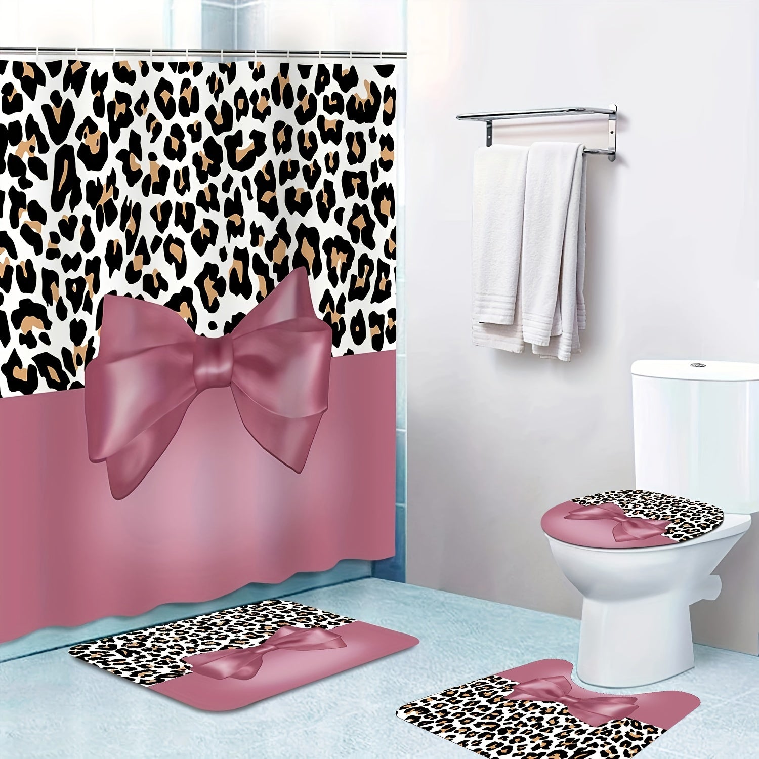Leopard Bow Shower Curtain Set with Non Slip Bathroom Rug