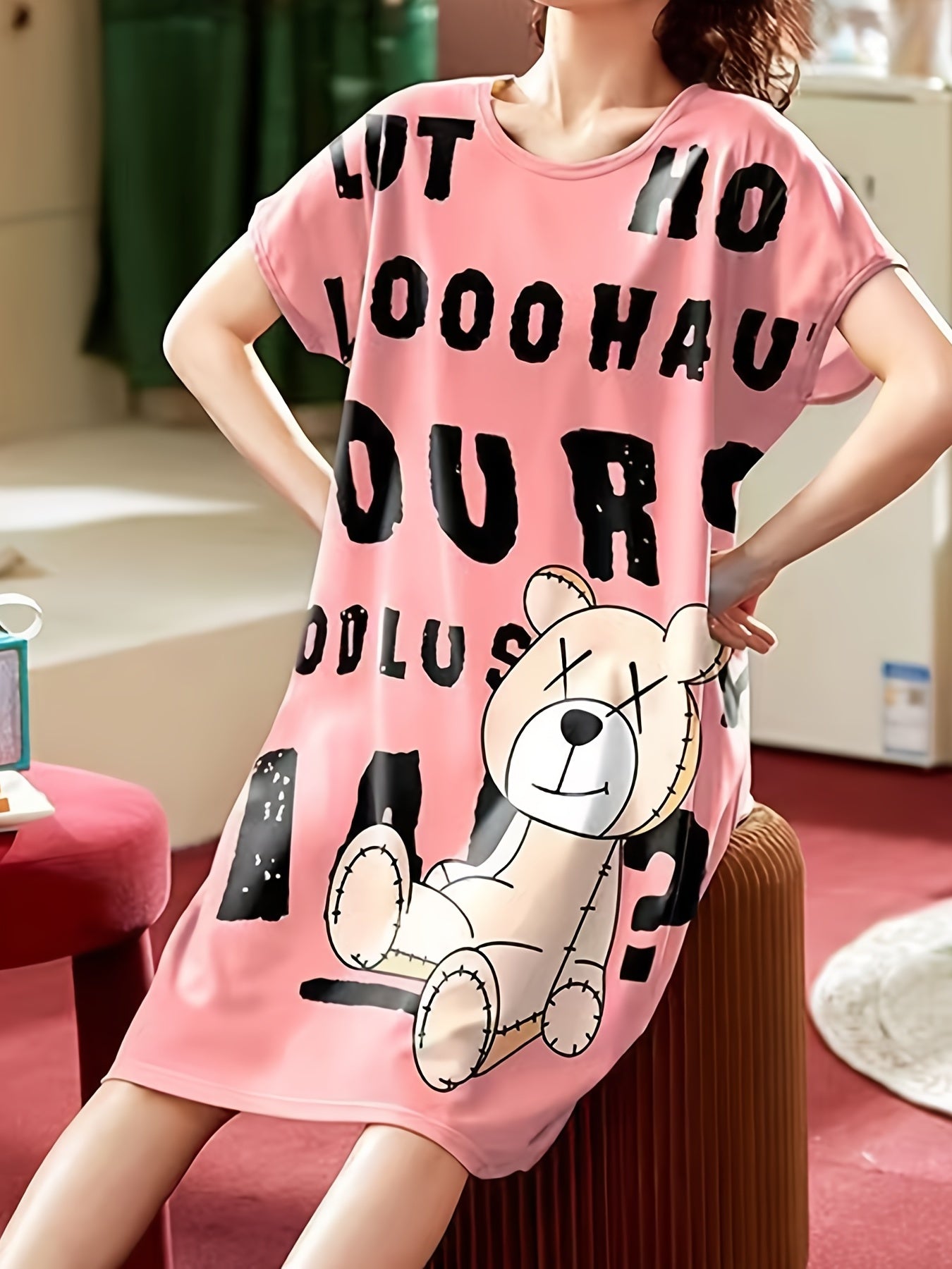 Bear & Letter Print Pajama Dress Crew Neck Long Nightdress