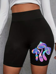 Mushroom Print Skinny Shorts Casual High Waist Women's Clothing
