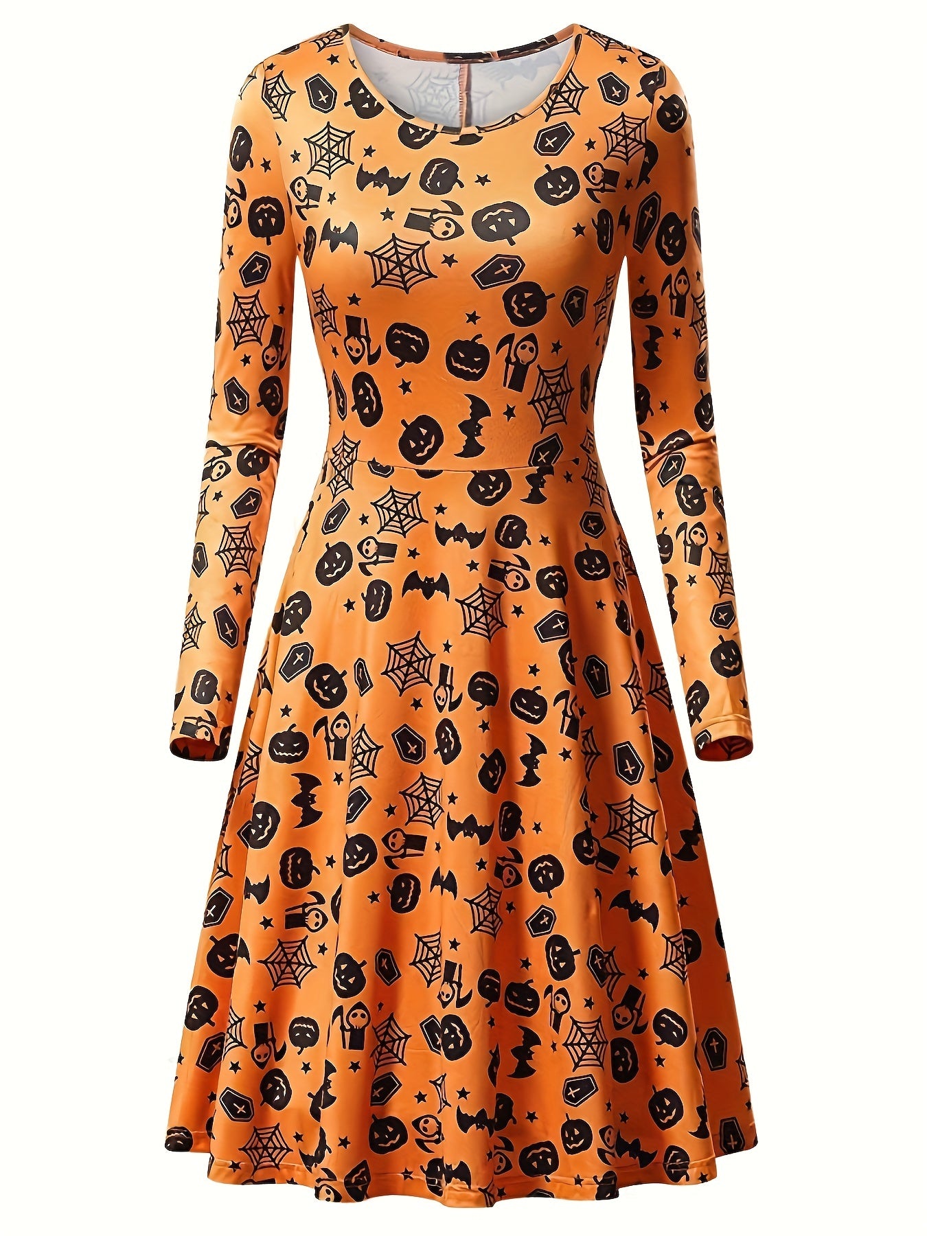 Women's Plus Allover Print Long Sleeve Round Neck A line Dress