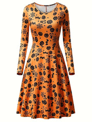 Women's Plus Allover Print Long Sleeve Round Neck A line Dress