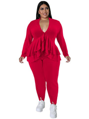 Ruffle Trim V Neck Long Sleeve Shirt & Pants Set Plus Size