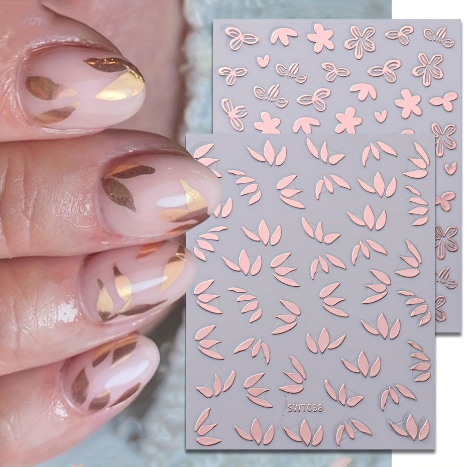 Metallic Leaf Nail Art Stickers Flower Rose Golden Silvery Mirror Spring Petal