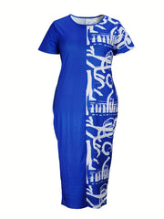 Colorblock Letter Print Slim Fit Round Neck Dress