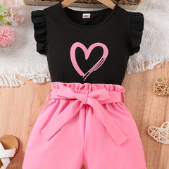 Girls Heart Print Sleeveless Top & Bow Shorts Set for Summer