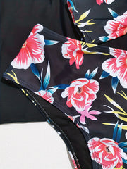 Plus Floral Print Top & Bikini Set, Long Sleeve, Modest Style