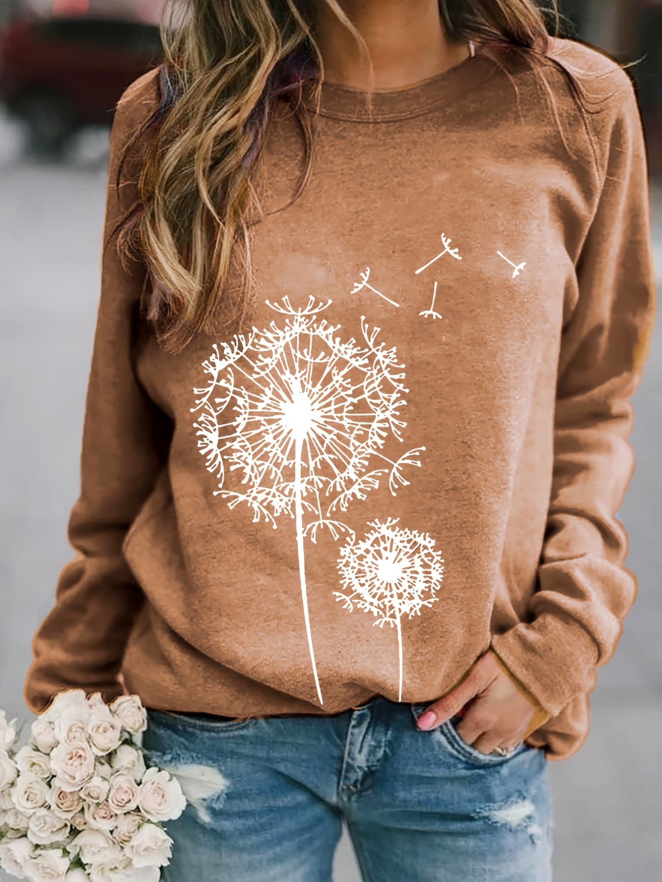 Dandelion Print Crew Neck Sweatshirt for Women