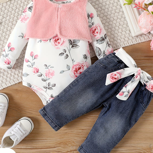Baby Girls' Autumn Flower Printed Romper Jeans Set