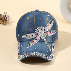 Dragonfly Patch Denim Baseball Cap Rhinestone Washed Distressed Dad Hat