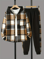 Boys 2pcs Hooded Shirt & Sweatpants Set Plaid Pattern Long Sleeve Top