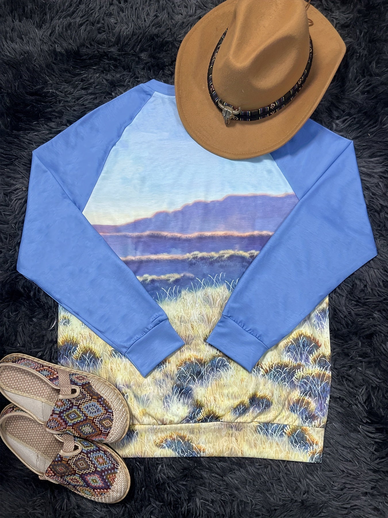 Western Ethnic Horse Print Sweatshirt Long Sleeve Raglan