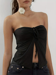 Y2K Split Crop Tube Top Ruched Drawstring