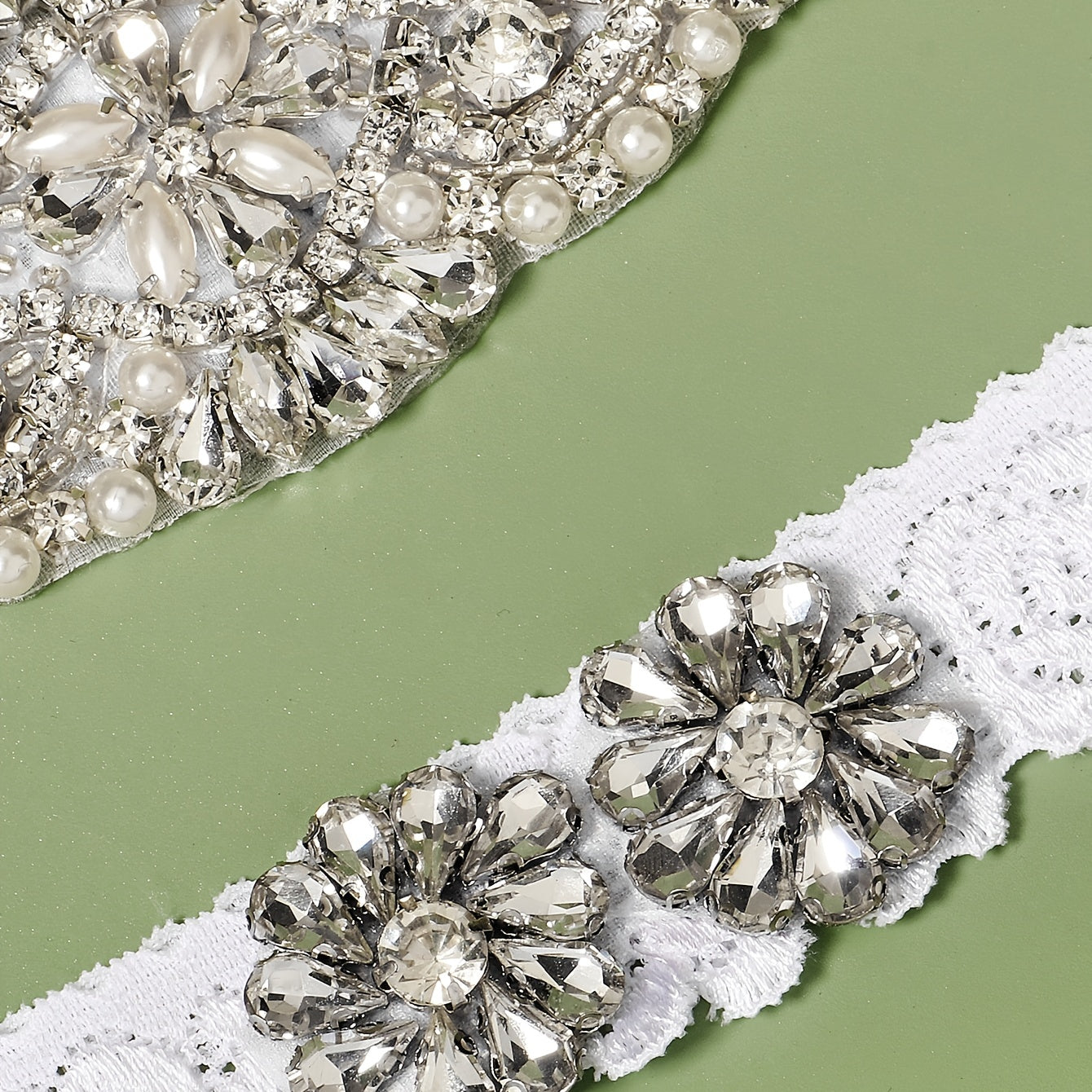 Stretch Lace Bridal Garter Sets With Rhinestones & Faux Pearl - 2pcs set