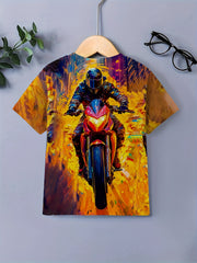 Motorcycle Rider Print Boy's Casual Short Sleeve T-shirt