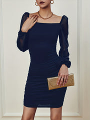 Ruched Bodycon Mini Dress Square Neck Long Sleeve