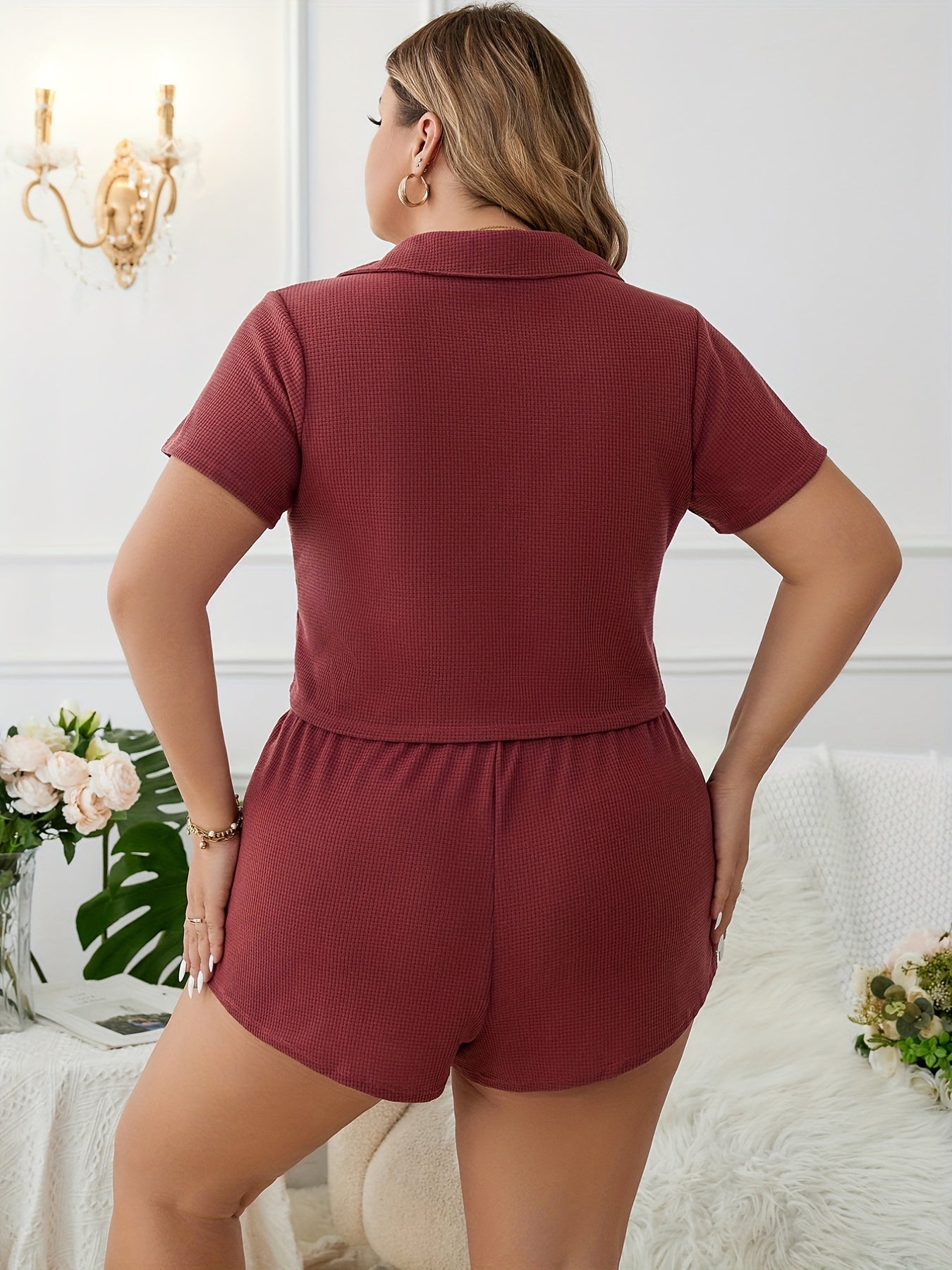 Solid Waffle Knit Crop Top & Shorts Pajama Set