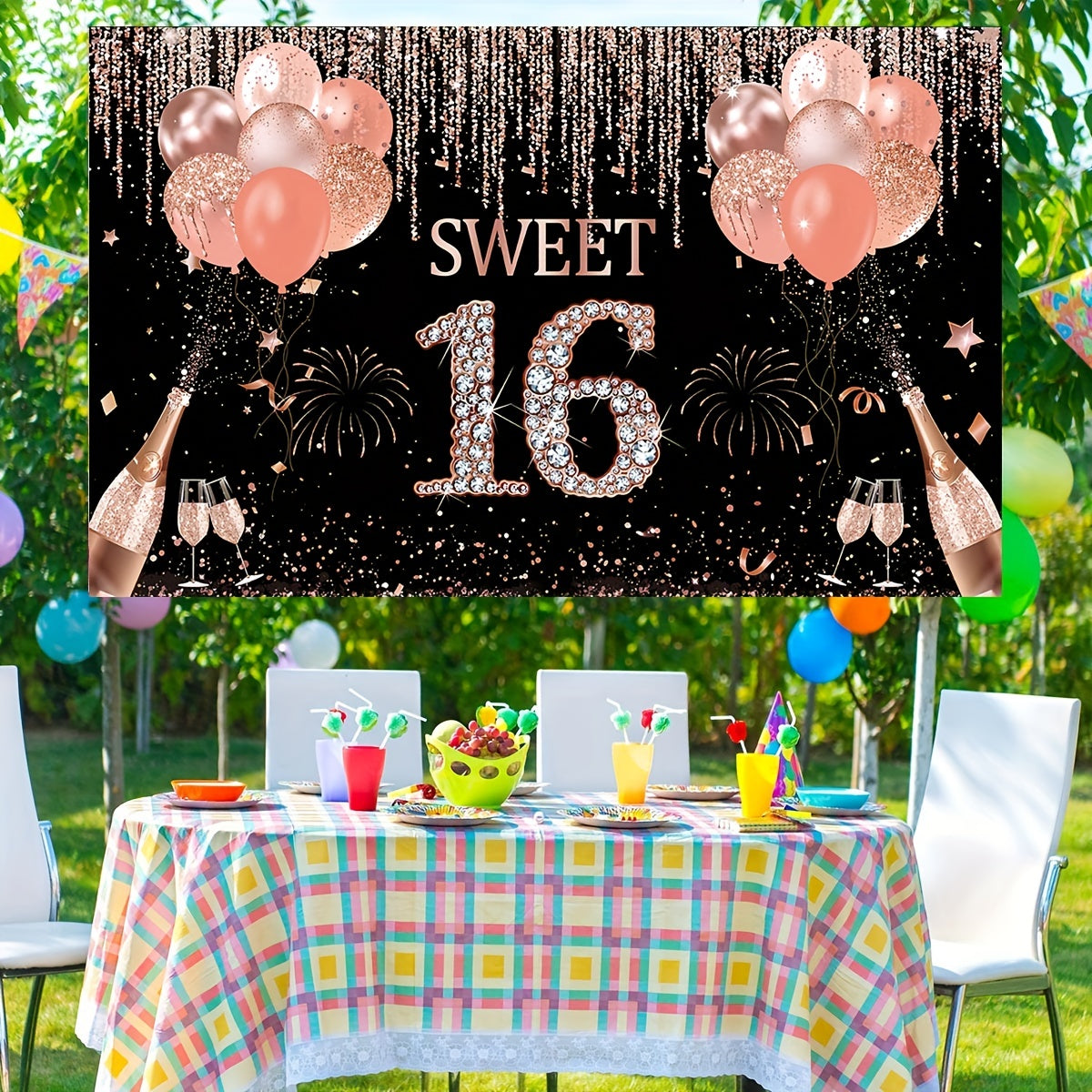 Rose Gold Sweet 16 Backdrop 44in Banner